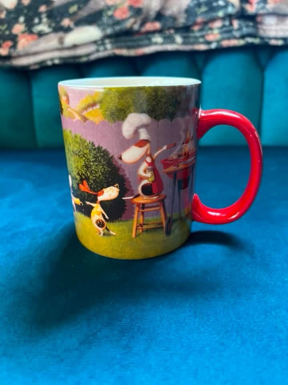 Illustrated Ceramic Mug with Red Handle
